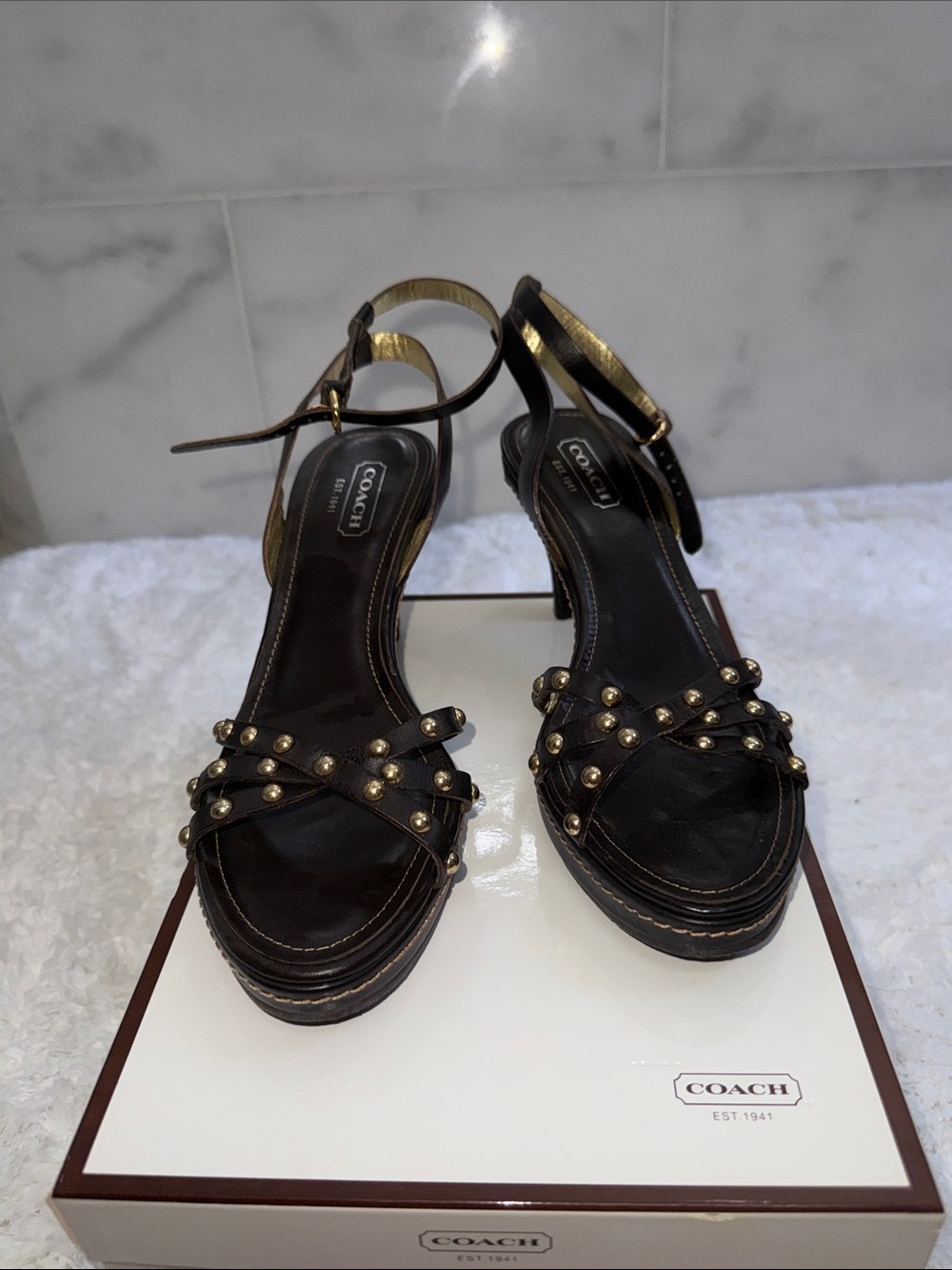Coach Black Leather Studded Platform Sandals with Gold Accents 8 1/2 w/box